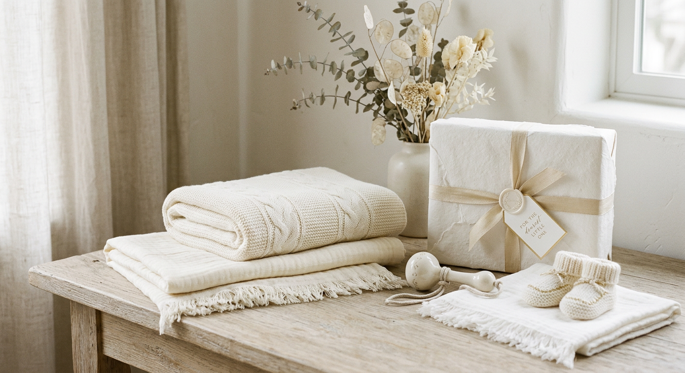 Still life with cream textiles and a wrapped keepsake gift