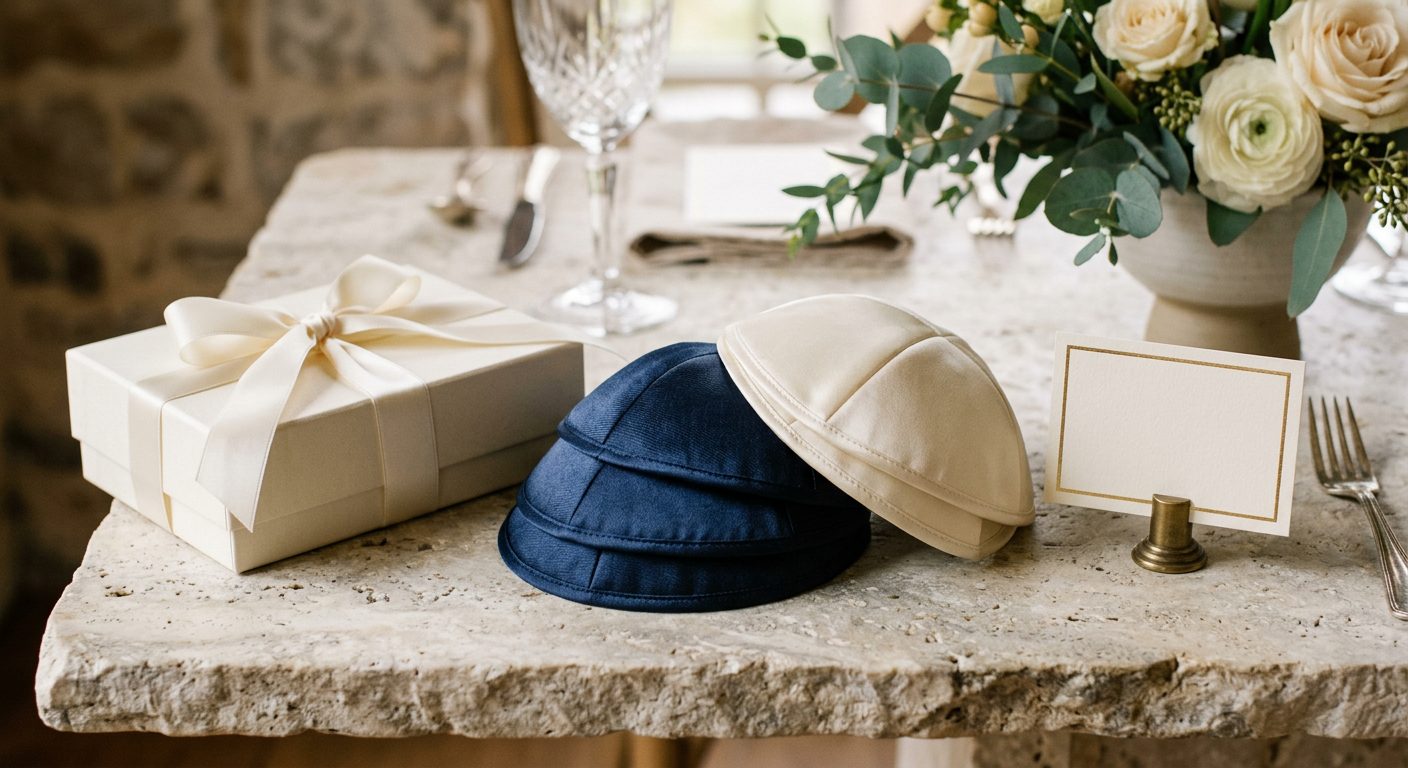 Still life with kippot, elegant gift presentation, and table details