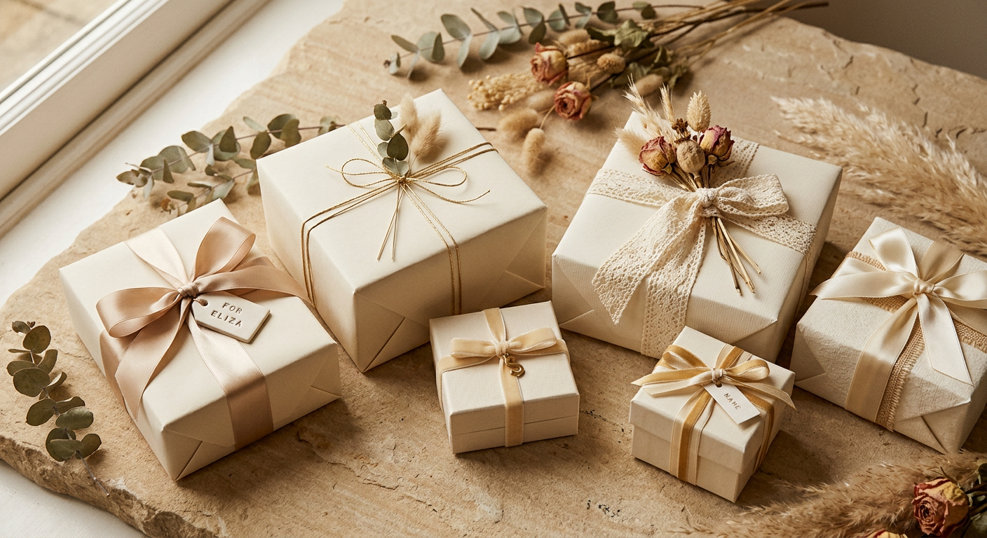 Still life of beautifully wrapped personalized gifts