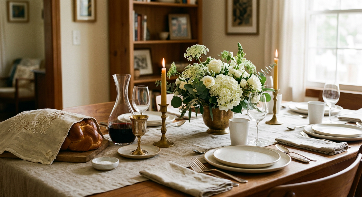 Still life of a welcoming Jewish home tablescape