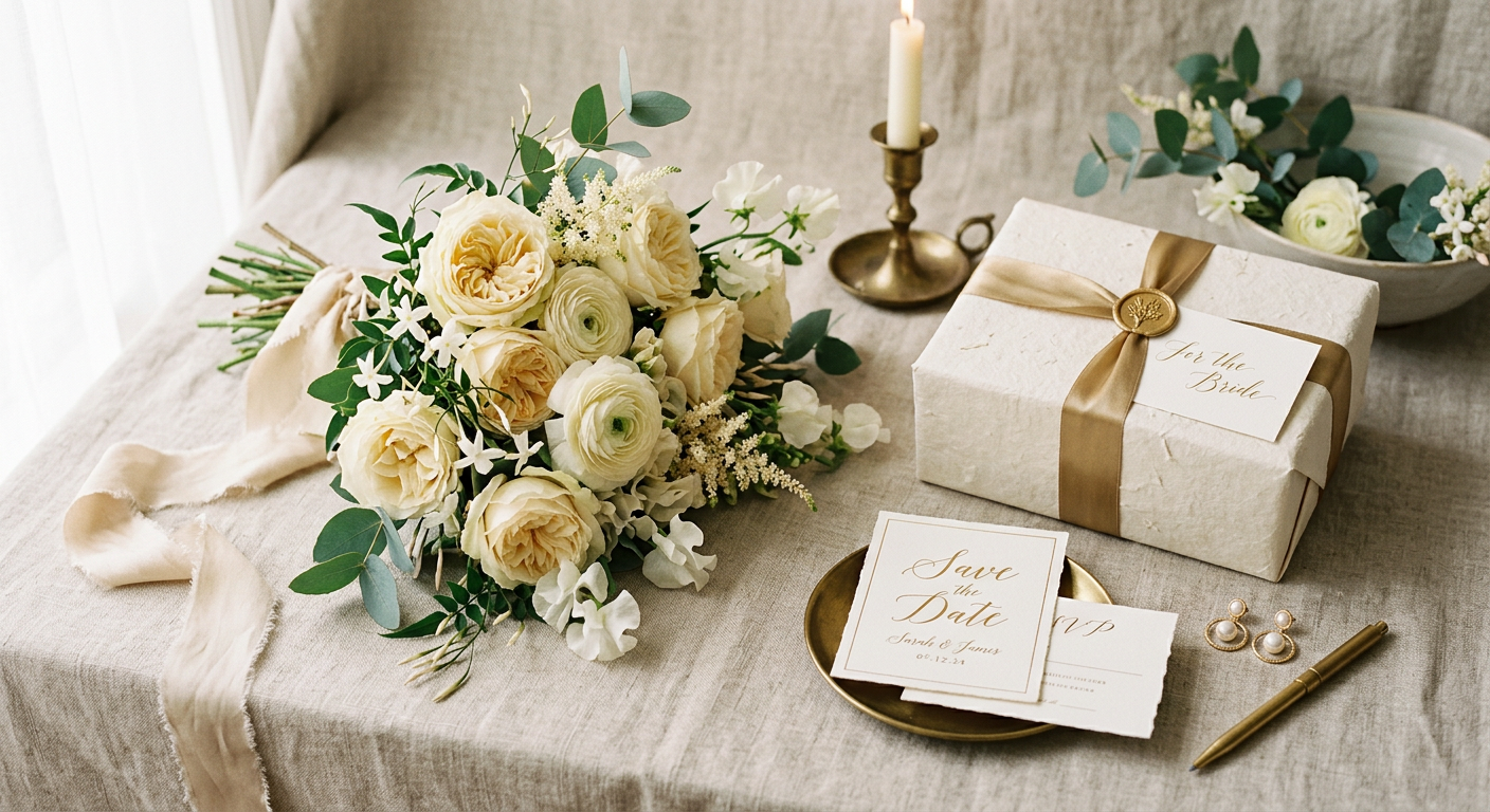 Still life with warm ivory florals and an elegant wrapped gift