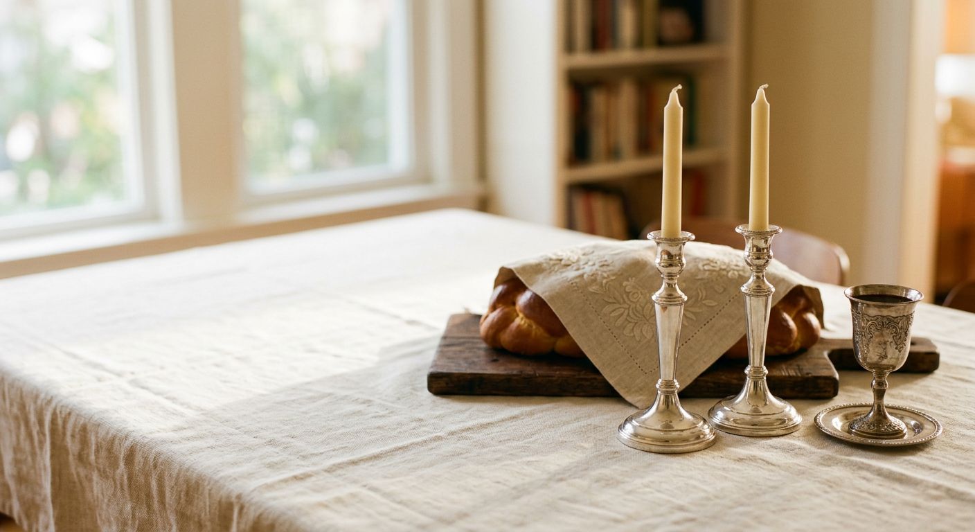 A refined Shabbat table still life with linen, candlesticks, covered challah loaves, and a silver kiddush cup